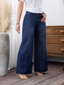 SHEIN PETITE 女款寬鬆休閒百搭保暖內裡牛仔寬腿褲，附口袋 - 深色水洗藍 - 查看 7
