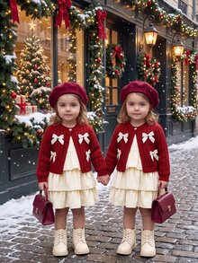 SHEIN Bộ váy sát nách cho bé gái kèm áo cardigan len đan nơ dễ thương và gấu bèo nhún - Đỏ - Xem 2