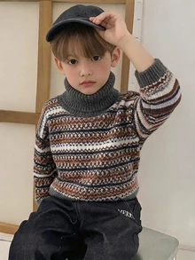 DAZY Boys' (Small) Fancy High Neck Sweater Top, Colorful Long Sleeve Autumn/Winter Knitwear - Grey - View 2