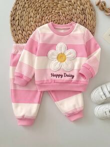 SHEIN Newborn Baby Letter & Floral Print Long Sleeve Top And Pants Casual Everyday Set - Pink - View 4