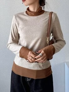 FRIFUL Women's Colorblock Stand Collar Long Sleeve Casual Versatile T-Shirt - Brown - View 5