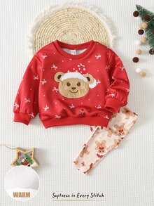 Cozy Pixies 2件組女嬰童休閒日常舒適印花拼接刺繡圓領長袖衛衣與運動長褲針織套裝，聖誕馴鹿、聖誕熊、聖誕帽3D動物圖案，適合秋冬，街頭復古風，穿著輕鬆舒適，兒童秋冬疊穿 - 紅色 - 查看 8