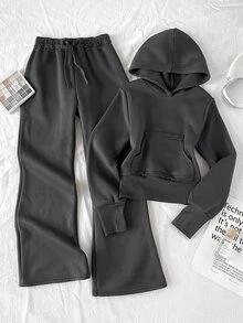 SHEIN 女童青少年女孩秋冬休閒街頭風丹寧感針織深灰色連帽衛衣＋運動長褲兩件套 - 深灰色 - 查看 1