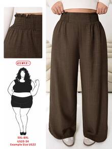 SHEIN CURVE+ Plus Size Women Solid Color Shirred Waist Wide Leg Loose Pants Fall - Coffee Brown - View 1