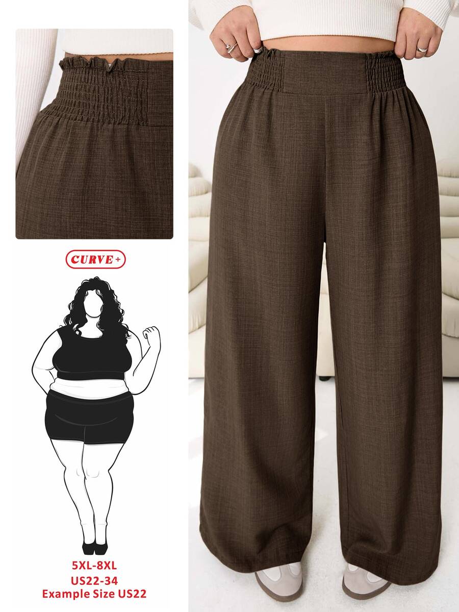 SHEIN CURVE+ Plus Size Women Solid Color Shirred Waist Wide Leg Loose Pants Fall - Coffee Brown - View 1