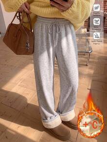 SHEIN EZwear 秋季新款女款加厚抓絨內裡純色抽繩休閒運動長褲，極簡時尚，適合日常穿著、登山、居家，淺灰色 - 灰色 - 查看 8
