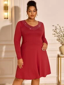 BrightlyHer Plus Size Burgundy Rhinestone V Neck Long Sleeve Dress Elegant Formal Party Evening Fall Winter 2026 Christmas - Burnt Orange - View 10