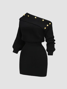 Sweetra Vintage Gold Buckle Off-Shoulder Bodycon Knit Dress - Black - View 4