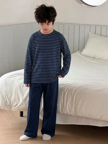 Dazy Kids Tween Boy Striped Long Sleeve Top And Pants Casual Daily Home Sleepwear Set - Navy Blue - View 3