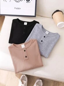 SHEIN 3件組兒童男童休閒舒適風紋理布料木紋細節鈕扣 Polo 衫圓領長袖 T-shirt 多色 - 彩色 - 查看 5