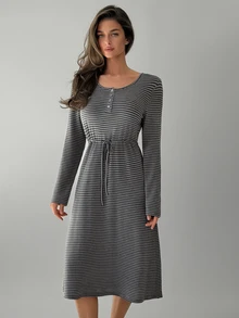 DAZY Women's Striped Button Design Long Sleeve Casual Loungewear Dress - Grey - View 9