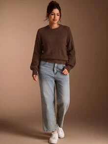SHEIN BASICS 女款休閒百搭米白色圓領長袖針織毛衣，秋季女裝，適合上班、日常、居家、辦公室穿搭 - 棕色 - 查看 7