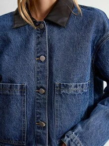 Willow Rêve Áo khoác denim xanh phối cổ PU đen cho nữ - Màu xanh lam - Xem 8