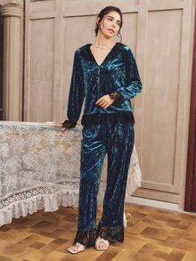 Côtesoire South French Elegant Mature Diamond Velvet Lace Patchwork Open Front Women's Pajama Set - Dark Green - View 3