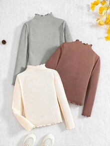 3pcs Tween Girls' Casual All-Match Solid Color Ribbed Lettuce Trim Mock Neck T-Shirts - Multicolor - View 2