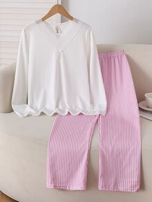 Girls' Fashionable Cute Ribbed Pattern Comfortable Ribbed Fabric Lace Trim Collar Long Sleeve Pants Loungewear Set - White - View 1
