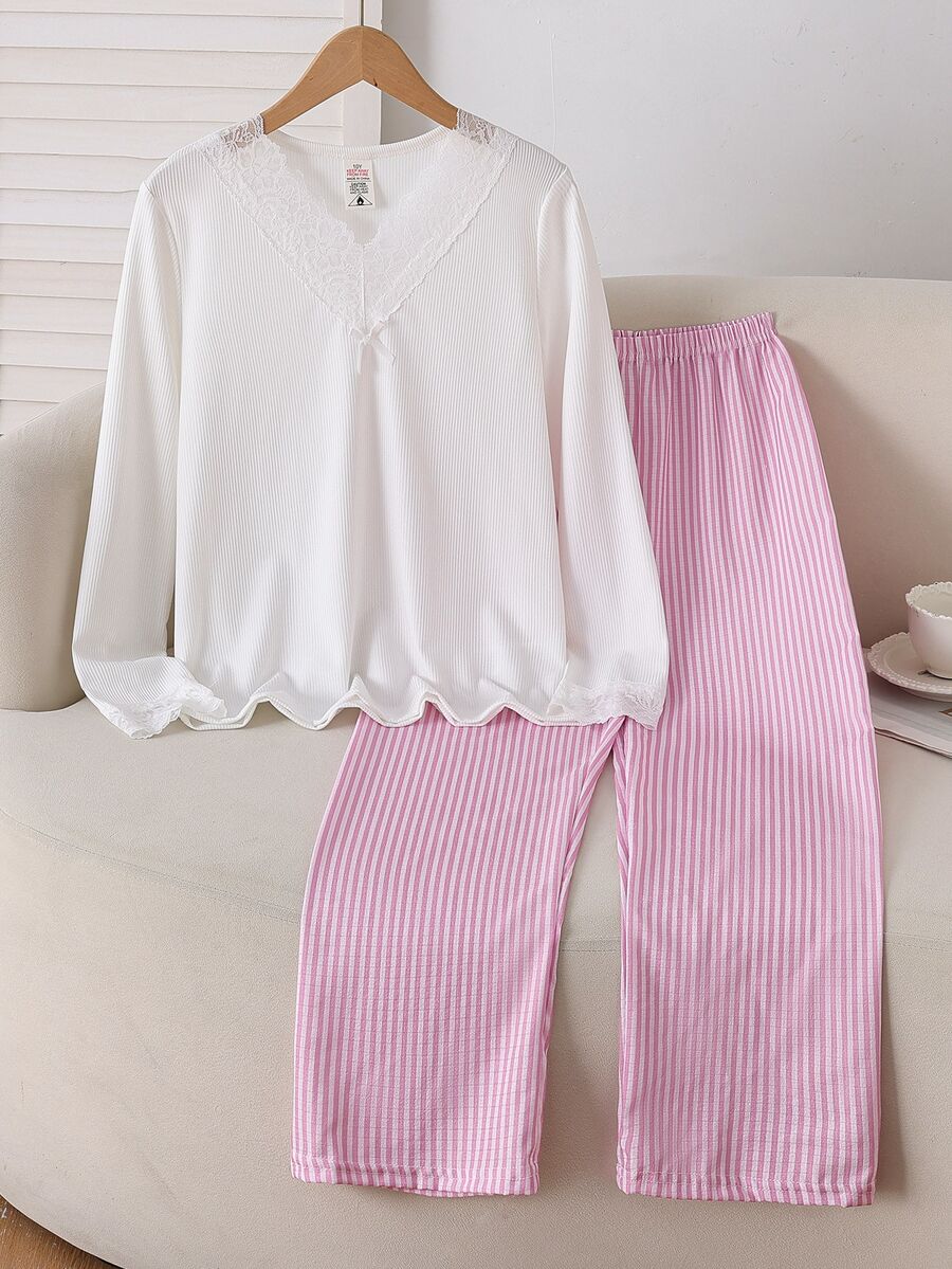 Girls' Fashionable Cute Ribbed Pattern Comfortable Ribbed Fabric Lace Trim Collar Long Sleeve Pants Loungewear Set - White - View 1