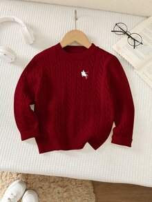 SHEIN Kids Young Boy Knit Solid Color Cable Knit Crew Neck Casual Autumn Winter Sweater, Classic Stripes, Small Horse Logo - Burgundy - View 3