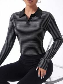 Easithlete Women's Fall Sports Polo Shirt, Striped Fabric, Loose Fit, Color Block, Polo Collar Buttons, Long Sleeve, Side Ruched Waist, Casual Modest - Multicolor - View 4