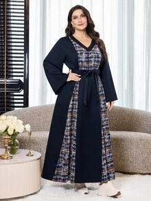 Al Najma Plus Size Women's Elegant Plaid Patchwork Arabian Dress - Multicolor - View 1