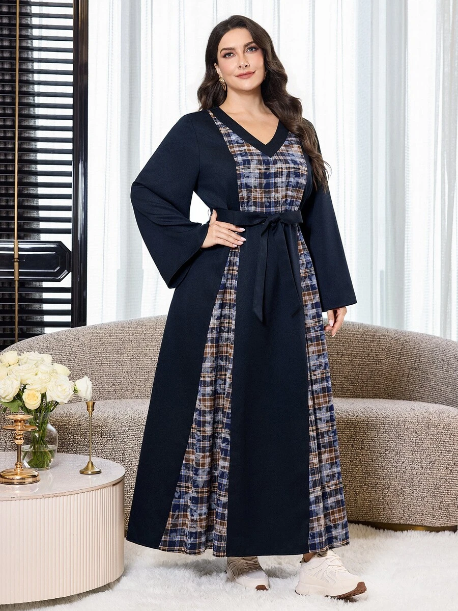 Al Najma Plus Size Women's Elegant Plaid Patchwork Arabian Dress - Multicolor - View 1