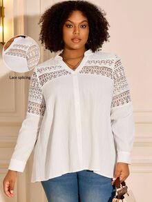 BrightlyHer Plus Size Women's Contrast Lace Cutout V-Neck Long Sleeve Fashion Blouse - White - View 1