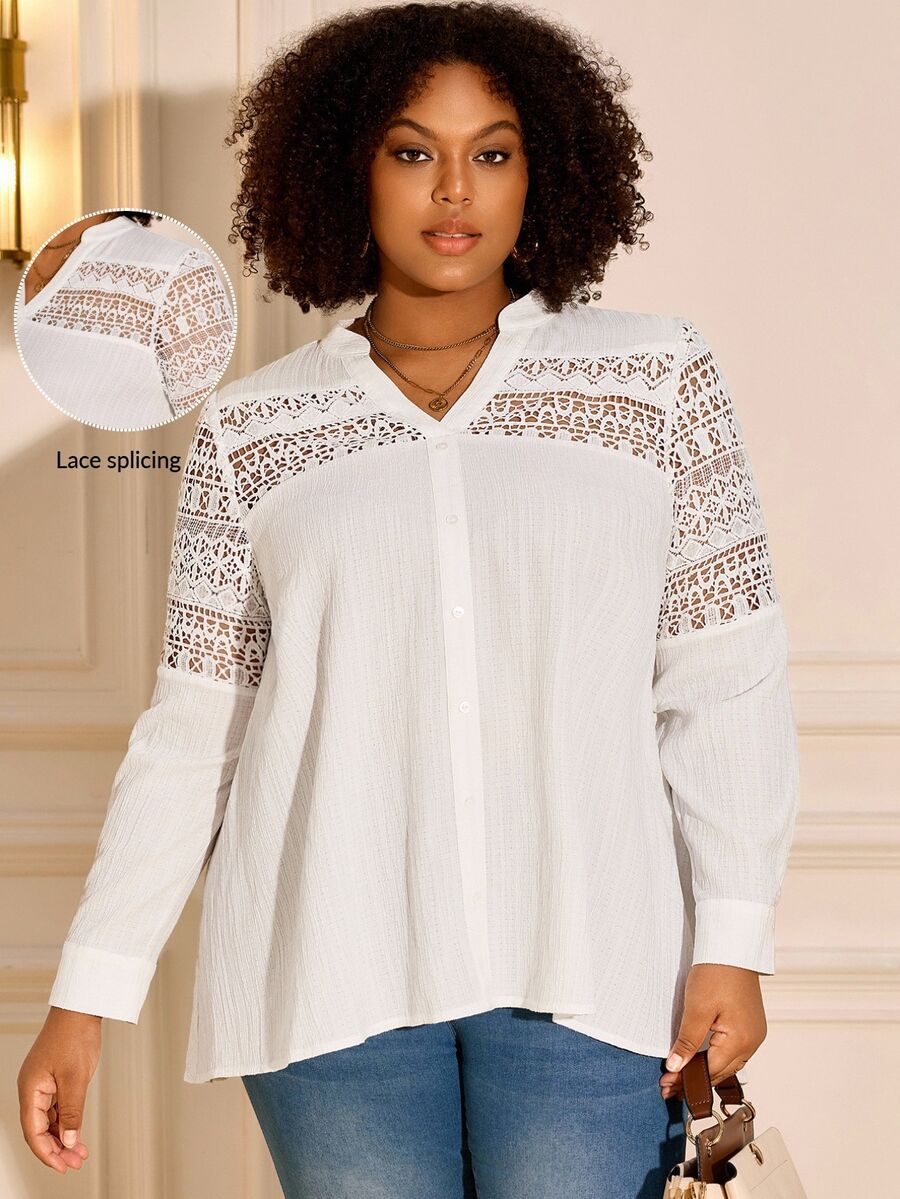 BrightlyHer Plus Size Women's Contrast Lace Cutout V-Neck Long Sleeve Fashion Blouse - White - View 1