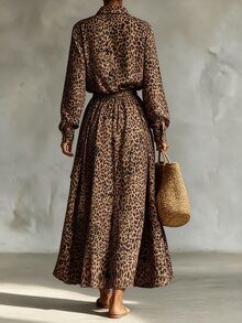 SHEIN Women's Leopard Print Lapel Button Long Sleeve Shirt + Layered Ruffle Skirt 2pcs Set - Multicolor - View 2