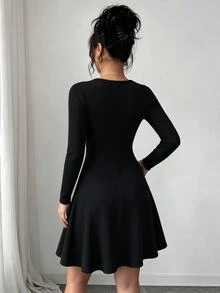 Elenzga Black Apricot Round Neck Long Sleeve Ribbed Knit Cinched Waist Flattering Full Flare Short Dress For Women - Multicolor - View 4