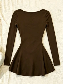 INAWLY Women's Solid Color Sweetheart Neckline Bowknot Long Sleeve Mini Dress - Coffee Brown - View 2