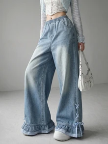 FRIFUL Women's Elastic Waist Casual Versatile Daily Wear Jeans Everyday School Light Blue Fall - Blue - View 4