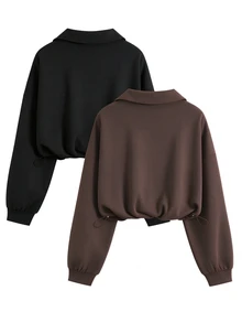 QUELARIE American Vintage Half-Zip Niche Sweatshirt 2 Pieces Set - Coffee Brown - View 2