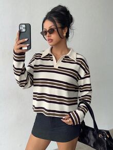 Aloruh 女款秋冬條紋 Polo 衫，復古 Y2K 風格休閒上衣，春季長袖秋季上衣 - 杏色 - 查看 1
