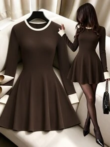 Selianne Colorblock Round Neck Ribbed Knit Dress, Off-White Collar And Cuff Patchwork, Elastic Slim Fit Waist A-Line Long Sleeve Dress For Women - Brown - View 6