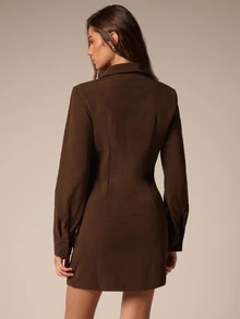 Athîral Women's Autumn/Winter Chocolate Brown Lapel Single-Breasted Casual Mini Dress - Brown - View 2