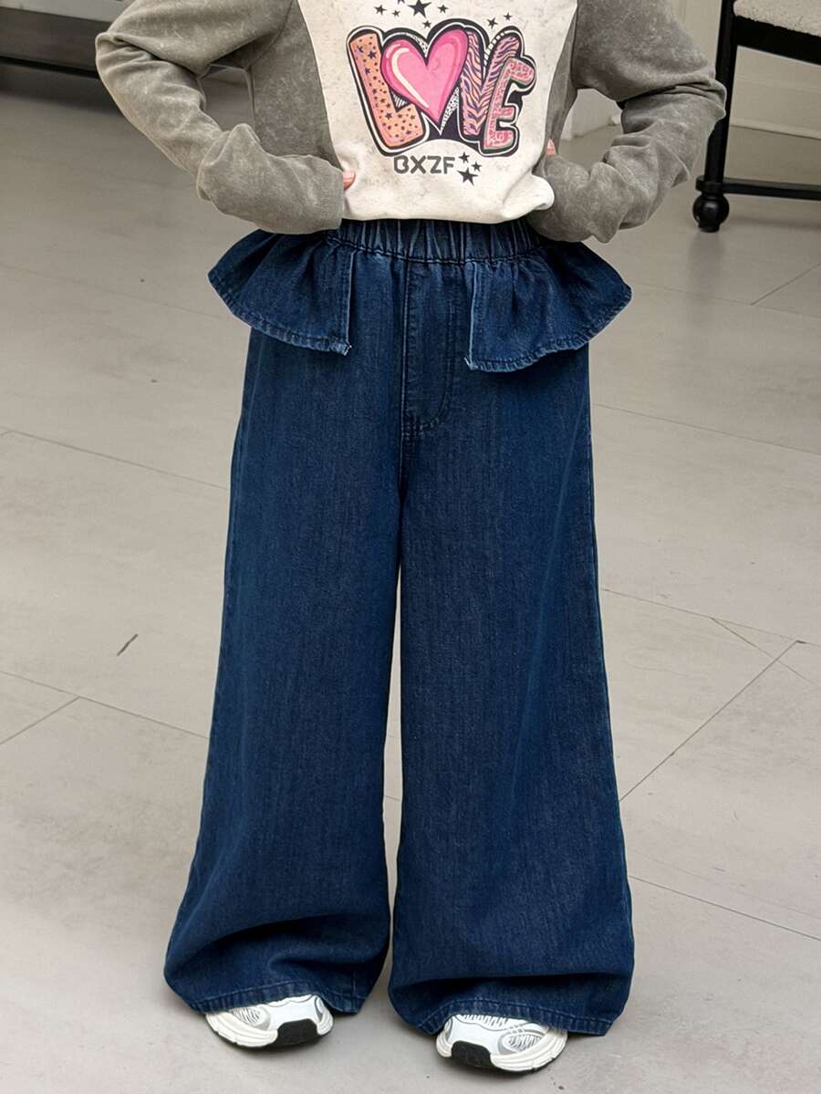 Dazy Kids Tween Girl) Straight Leg Casual Washed Denim Jeans With Frill Trim And Patchwork Design, Autumn/Winter - Blue - View 1