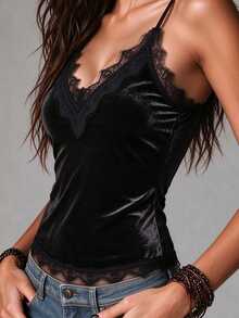 LUMIGAL Women's Lace Patchwork Casual Daily Wear Camisole Top - Black - View 3