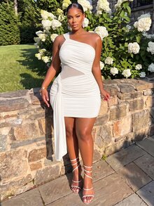 Slaydiva Plus Size Women Solid Color One Shoulder Sleeveless Ruched Ribbon Design Slim Fit Fashion Dress - White - View 6