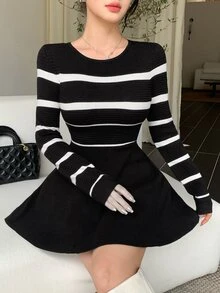 DAZY Women's Patchwork Striped Round Neck Long Sleeve Casual Knit Dress - Black - View 4