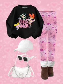 THE POWERPUFF GIRLS X SHEIN 女童字母卡通印花長袖衛衣與內搭褲套裝 - 白色 - 查看 7