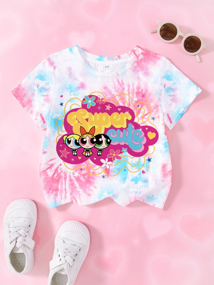 THE POWERPUFF GIRLS X SHEIN Young Girl Letter Cartoon Print Casual Everyday Short Sleeve T-Shirt - White - View 1