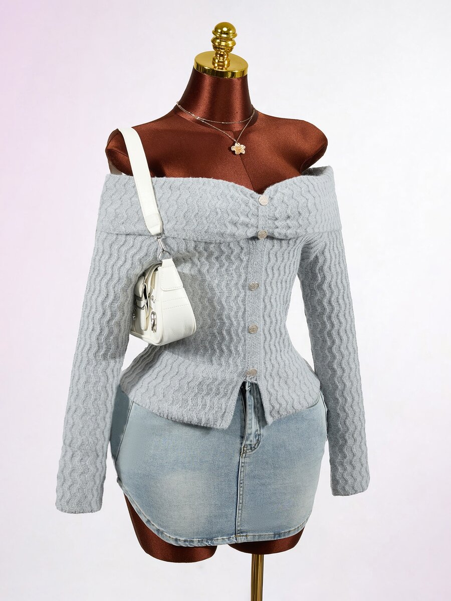 Mistrie Autumn Minimalist Sexy Style Off-Shoulder Lapel Knit Top Women's Twisted Cable Texture Single-Breasted Slim Fit Flattering Long Sleeve Sweater - Grey - View 1