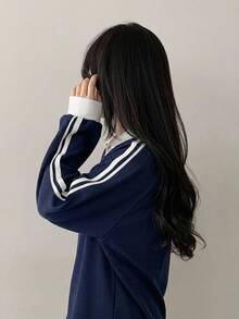 DAZY 女款拼色休閒百搭日常穿著長袖運動衫 - 藏蓝色 - 查看 2