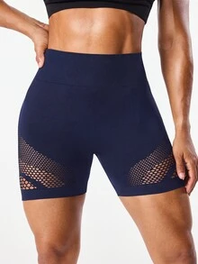 SHEIN Sports 1pc Moisture-Wicking Mesh Design Basic Black Workout Shorts, Seamless For Fitness/Yoga - Navy Blue - View 5