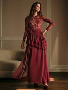 MOTF PREMIUM WOMEN'S LACE PATCHWORK 3D FLORAL DECOR CASUAL PARTY LONG DRESS - Burgundy - View 6