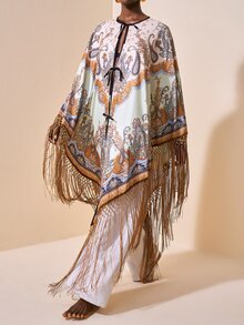 Zivah New Elegant Women's Oversized Multi-Color Printed Shawl Collar Kimono Cover Up With Tassels, Versatile For Beach, Vacation, Commute And Multiple Occasions - Multicolor - View 9