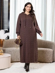 Feyla Plus Size Drawstring Long Sleeve Minimalist Hooded Sweater Dress - Coffee Brown - View 2