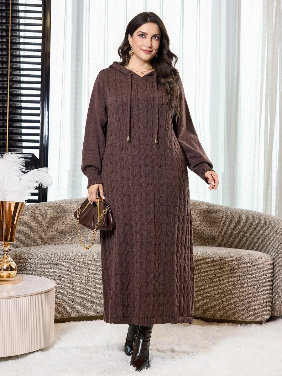 Al Najma Plus Size Drawstring Long Sleeve Minimalist Hooded Sweater Dress - Coffee Brown - View 1