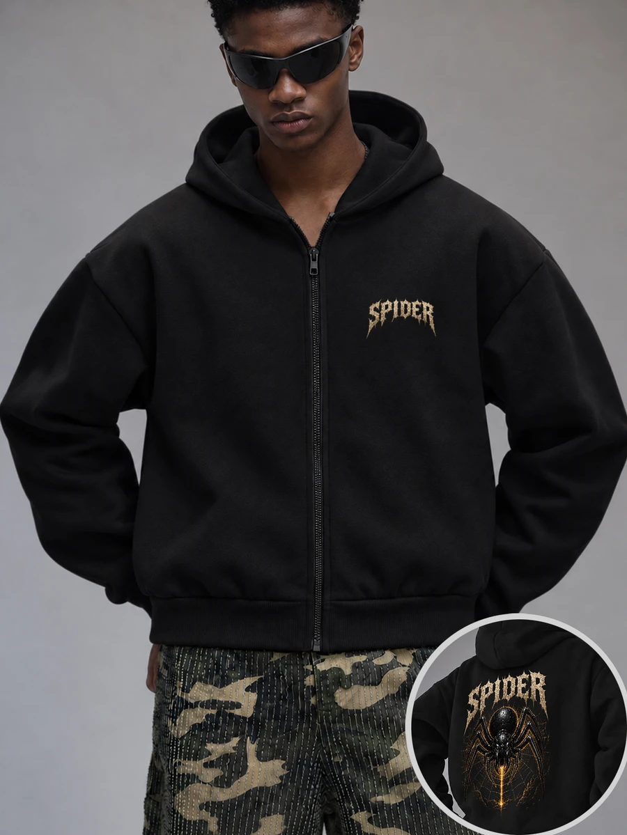 Men's Letter Print Zip-Up Hoodie - Black - View 1
