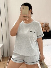 Napfluff CURVE Napfluff CURVE Plus Size Women's Knit Contrast Trim Round Neck Short Sleeve Shorts Pajama Set - Grey - View 6
